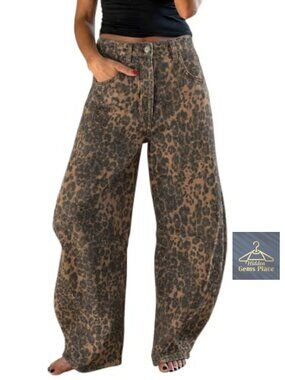 Barrel Jeans Baggy Boyfriend Wide Leg Leopard Print Cropped Pants